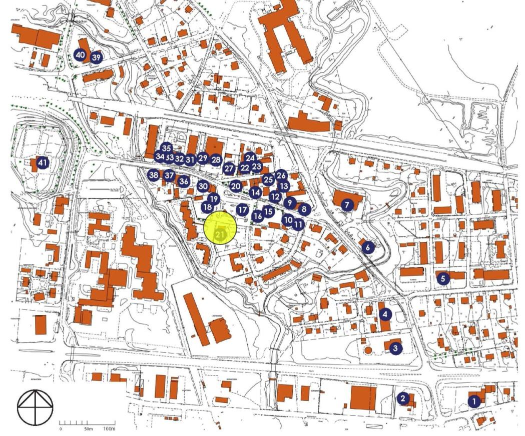 13 (21) Verksamheter i Heby centrum, punkt och siffra, status 2013. Planområdets ungefärliga läge markerat med stor gul punkt. 1. Bensinstation - OKQ8, 2. Bensinstation Statoil, 3.