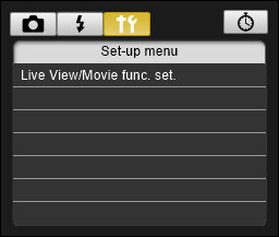 Klicka på [ ]. 5 Ställ in Live View-funktionen. Klicka på [Live View/Movie func. set./live View/filmfunk.inst.]. Klicka Fönstret [Live View/Movie func.