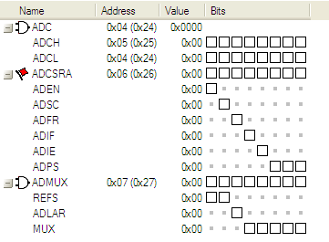 Uppgift 3. Uppgiften är att ställa in A/D-omvandlaren så här: 1. Använd AVCC som referensspänning till A/D-omvandlaren. 2. Den analoga insignalen ska kopplas till ADC1. 3. Inspänningen på ADC1 ska avläsas som ett 8-bitarsvärde.