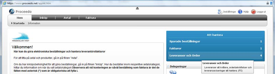 Leveranskvittera När man har fått sin leverans från leverantören, behöver man gå in i Proceedo och hämta upp sin e- beställningsrad för att leveranskvittera, d v s granska att leveransen är enligt