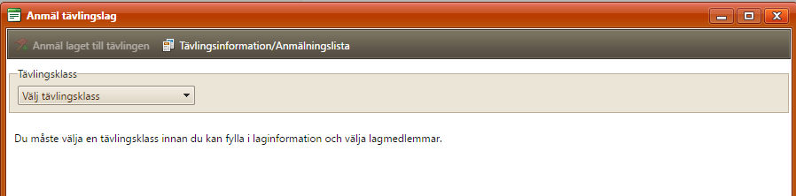 Tävlingsklass och grundinformation I det nya fönstret som öppnas så börjar du med att välja vilken tävlingsklass som laget ska tävla i.