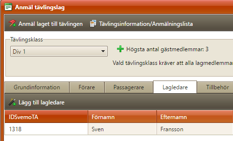 Beroende på gren och lagtyp så kan även flikar som Passagerare eller Minder visas, utöver förare.