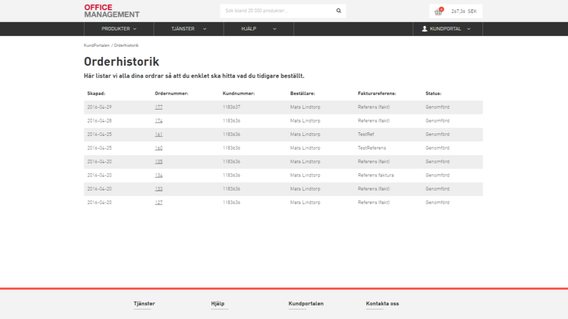 Orderhistorik Under orderhistoriken listas alla dina beställningar. Du kan också klicka dig in på orderns detaljvy för att se mer om en specifik order.