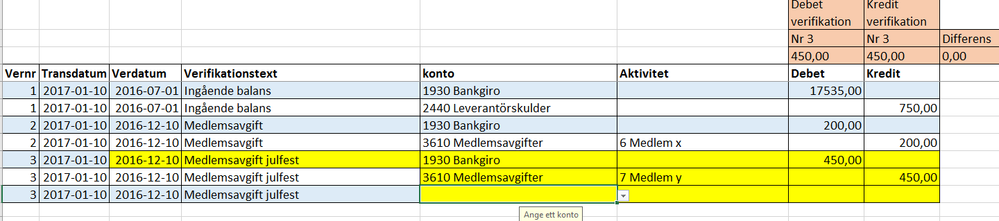 Första transaktionen: Rad 2 skapas automatiskt men måste nu modifieras