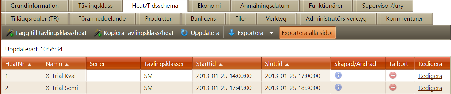 Heat/Tidsschema På fliken Heat/Tidsschema visas tävlingens heat.