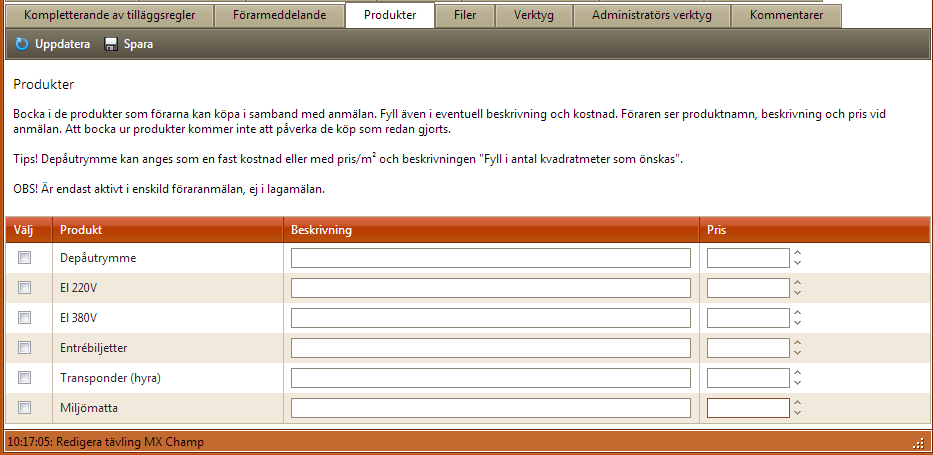 Produkter I Svemo-TA finns ett antal produkter som du kan sälja i samband med anmälan till tävling.