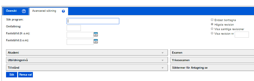 Via den mer avancerade sökningen som visas ovan kan man genom olika filter söka fram program på exempelvis en specifik akademi, aktuell status eller examina.
