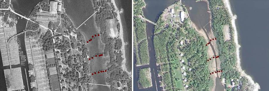 Figur 11, Område för täkt mellan Långgrundet och Blågrundet, till vänster från 1950-tal och till höger nutid.