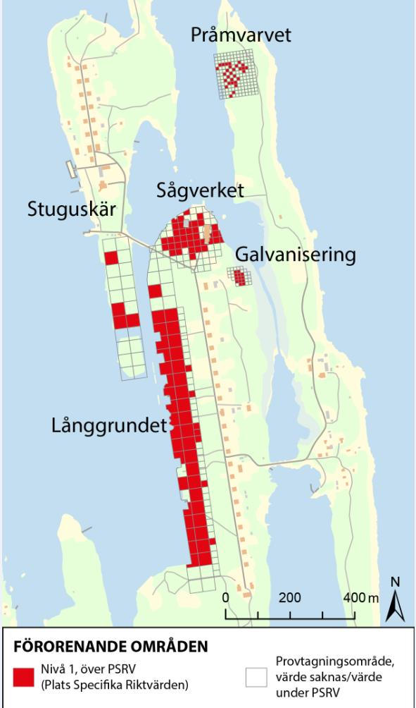 Figur 1, Karta över förorenade områden på Norrbyskär. Röda rutor illustrerar en föroreningssituation där avhjälpandeåtgärder är motiverat med bl.a schaktning och fyllning i vattenområdet.