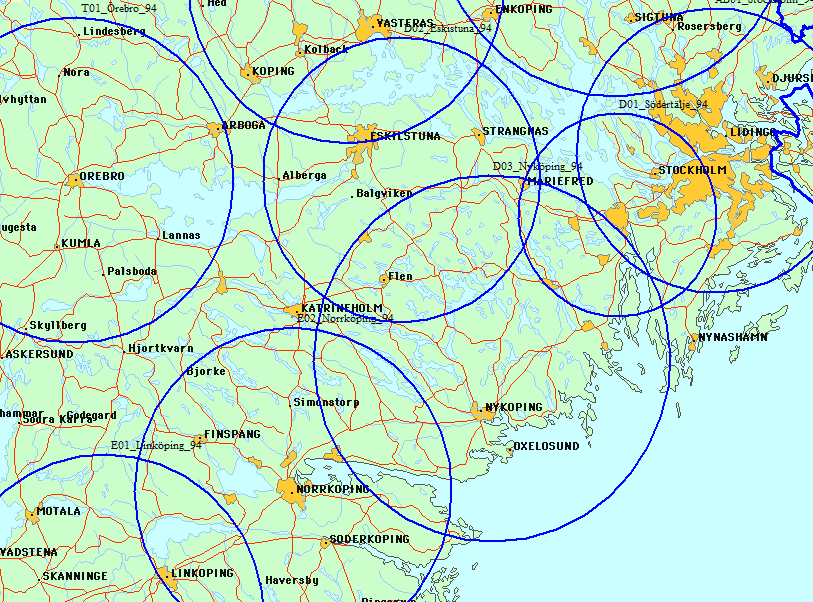 Figur 1 Exempel på hur nuvarande sändningsområden är utformade som visar på begränsningen med cirkelformade områden där tätorter som till exempel Nynäshamn och Katrineholm inte är inkluderade i