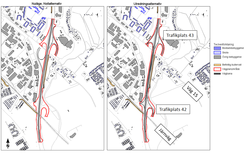 Figur 1. Statlig väg inom vägplaneområdet för nuläge och utredningsalternativet. 1.5 Tågtrafik Underlag för trafikering på järnvägen har levererats av Trafikverket (via Anders Nilsson, 2015-01-29).
