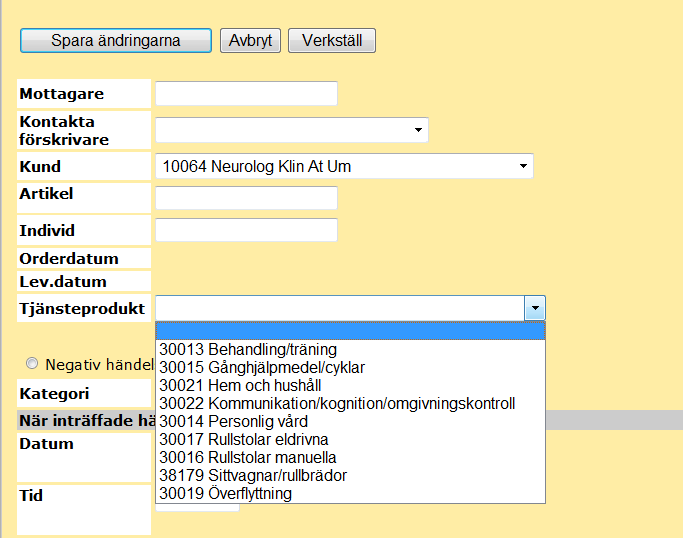 Tjänsteprodukt 16 Tjänsteprodukt används när avvikelsen/reklamationen INTE HAR NÅGON KOPPLING TILL ETT HJÄLPMEDEL Du