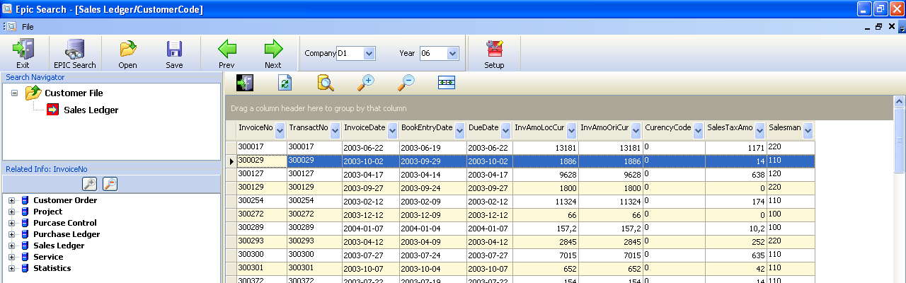 EPIC Search Drag and Drop Customer Code into Sales Ledger to see invoices for this