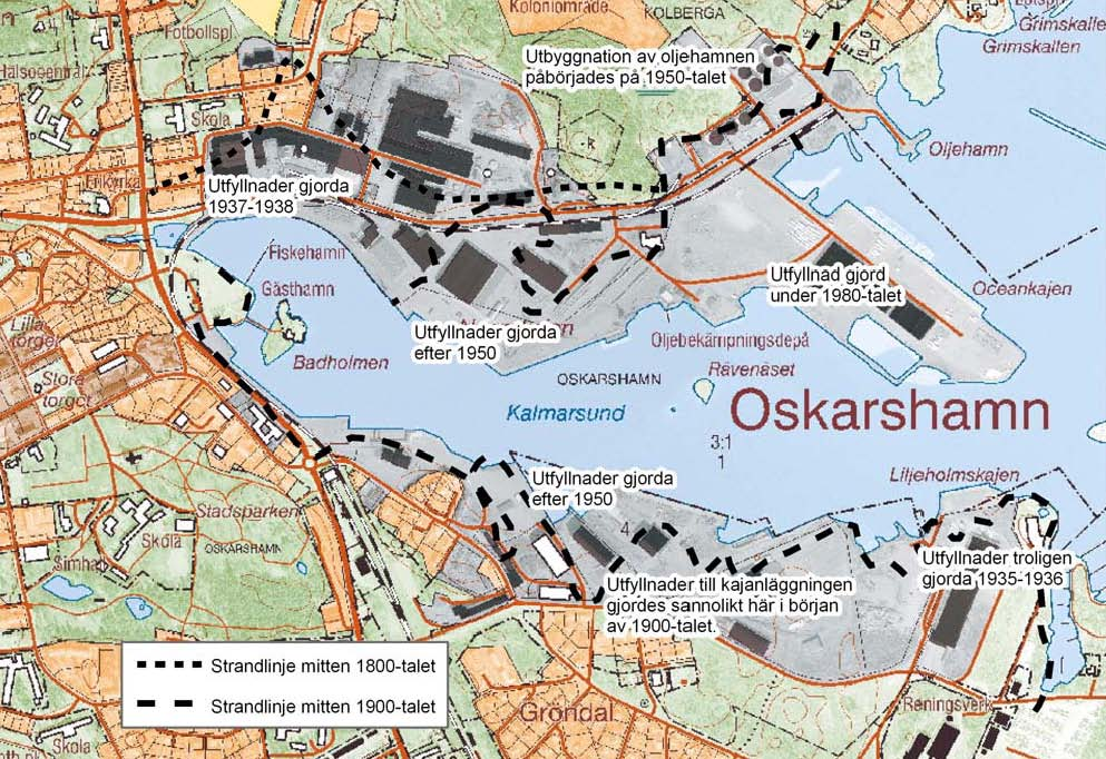 Figur 2 Utfyllnader i hamnen. Tillrinning av sötvatten sker från en stor del av staden samt från Döderhultsbäcken som mynnar i inre hamnens innersta del.