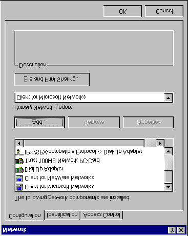 Figur 11: Nätverksegenskaper Nedan följer en kort beskrivning av de olika klienterna, adaptrarna och protokollen: Client for Microsoft Networks Client for NetWare Networks Dial-Up Adapter Trust 100MB