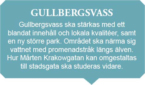 Gullbergsvassområdet består, med ovanstående avgränsning av ca 0,9 km². Vi har bedömt att en tillkommande exploatering på totalt ca 800 000 m² BTA kan vara motiverad.