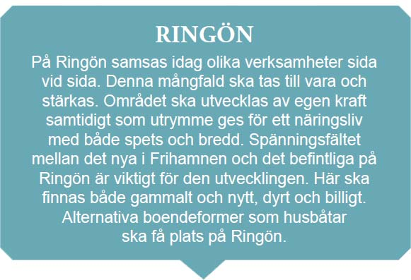 Ringön består, med ovanstående avgränsning, av ca 0,5 km². Hela området mellan Göta älvbron och Tingstadstunneln har idag ca 3 000 arbetande och ett femtiotal boende.