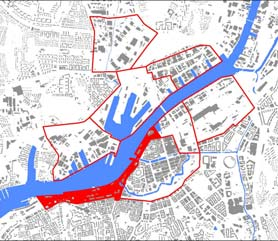 Södra Älvstranden består, med ovanstående avgränsning av ungefär 0,5 km² landareal. Vår beräkning baseras på en tillkommande exploatering på ca 340 000 m² BTA inom området.