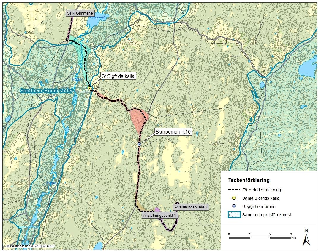 Figur 9 Kartbild över sand- och grusförekomsten Sandhem-Hömb söder samt uppgifter om brunnar längs förordad sträckning.