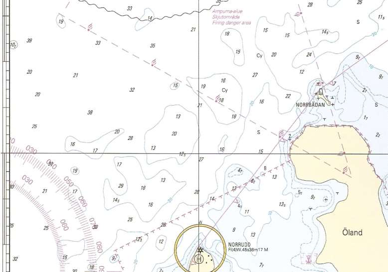 Uppgift 5. Du befinner dig norr om Öland i positionen 63 56,5' N, 025 41,9'O. a) Du sätter kursen rakt mot Norrudds havsfyr. Vilken kompasskurs styr du?