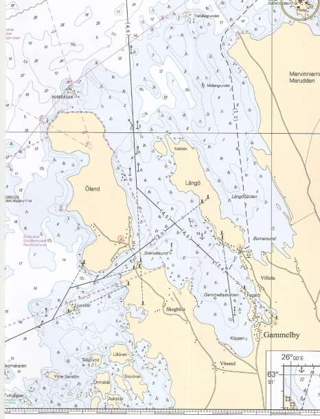 Uppgift 8. Du har varit på eftermiddagskaffe hos dina bekanta i positionen 63 50,8'N 025 46,5'O och din plan är att ta dig till Bomarsunds gästhamn (63 53,25'N 025 49,05'O) till natten.