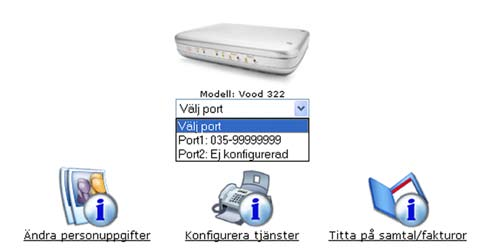 Din registrering är därmed slutförd och din Siemens C450IP konfigurerad. Genom att klicka på rullgardinslistan Välj port får du möjlighet att administrera ditt valda telefonnummer.