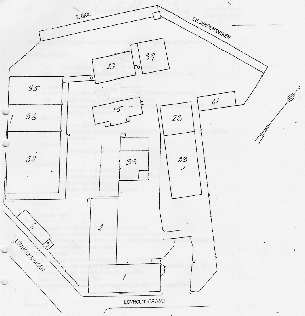 Situationsplan med Alcro-Beckers numrering av byggnaderna.