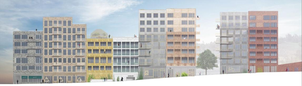 Bild: Tengbom I detaljplanen införs en bestämmelse om att bebyggelsen ska gestaltas med en varierande fasadutformning, som i huvudsak överensstämmer med de två fasadillustrationerna ovan.