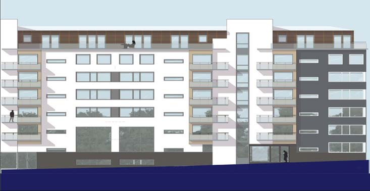 Föreslaget bostadshus, fasadutsnit Balkonger, burspråk och räcken Mot gatan utformas fasaderna relativt slutna med ett begränsat antal grunda burspråk och balkonger, 1,2 meter utanför fasadliv.