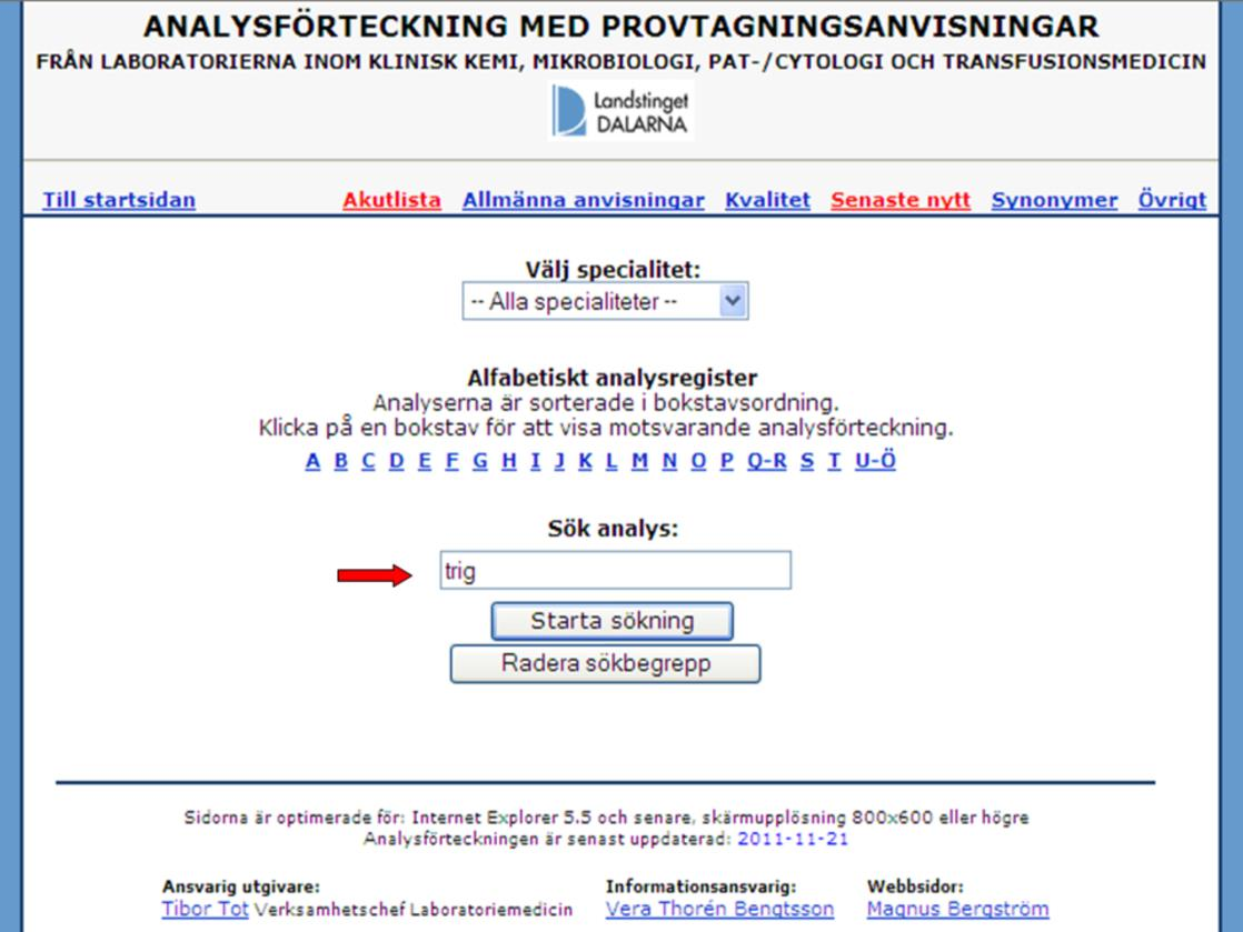 Här visas startsidan i Analysförteckning med provtagningsanvisningar.