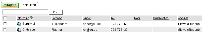 Deltagare Under detta verktyg visas alla de studenter och lärare som är deltagare i kursrummet. Det är möjligt att skicka e-post till en eller flera deltagare.