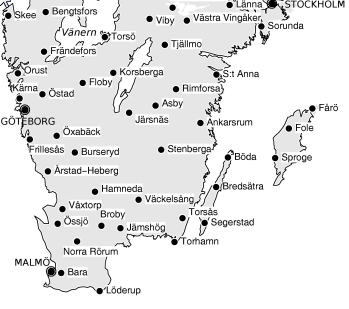 Figur 1: Geografisk placering av orterna i SweDia-projektet i södra Sverige. Från Leinonen (2010, s. 51).