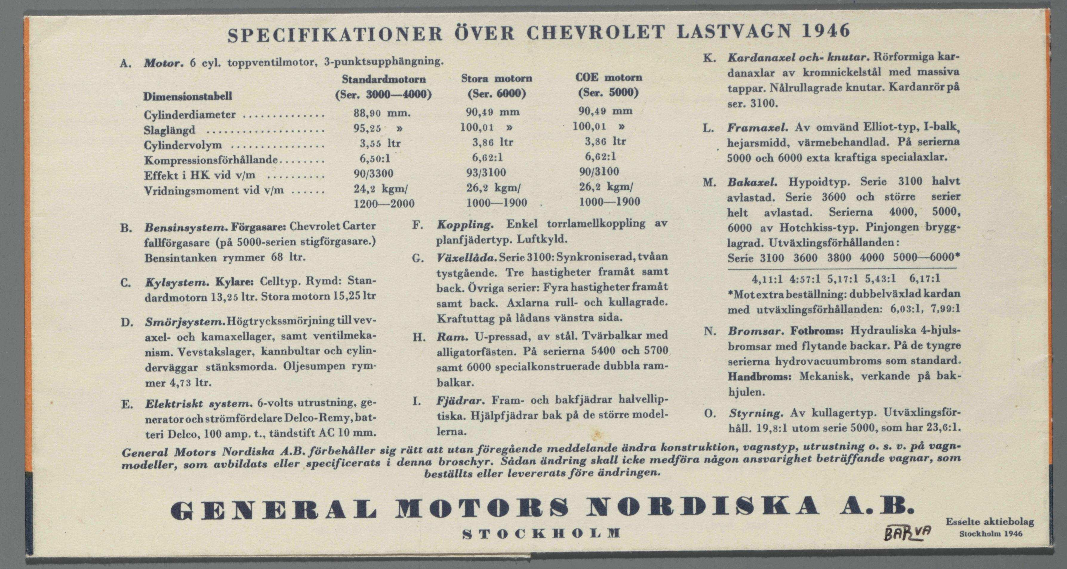 SPECIFIKATIONERR OVER CHEVROLET LASTVAGN 1946 A.. Motor. 6 cyl. toppventilmotor, 3-punktsupphimgning. K. Kardanaxel och- knutar.