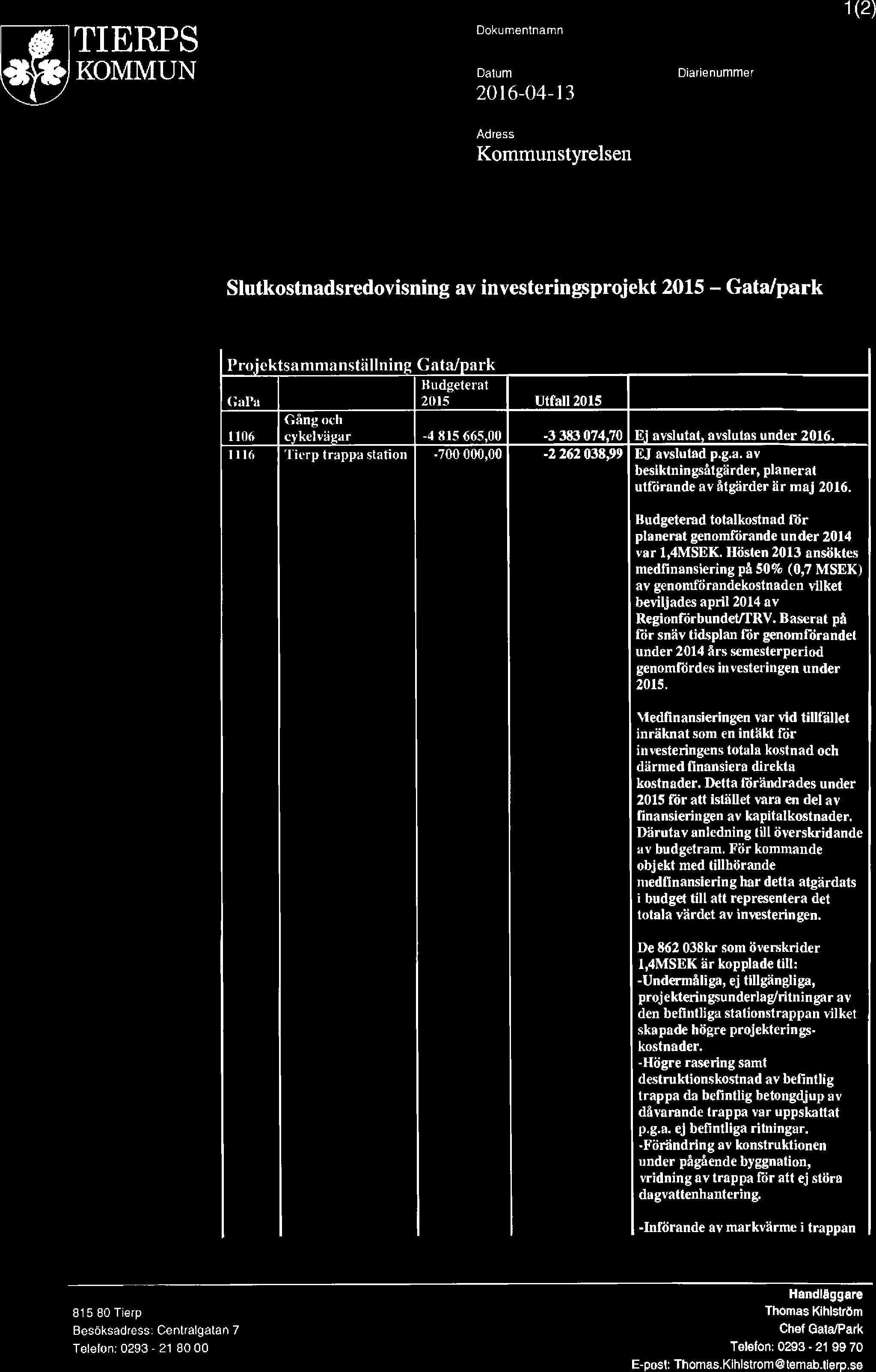 TIERPS Dokumentnamn KOMMUN Datum Diarienummer 2016-04-13 1(2) Adress Kommunstyrelsen Slutkostnadsredovisning av investeringsprojekt 2015 Gata/park Projektsammanställning Catalpark GaPa Budgeterat