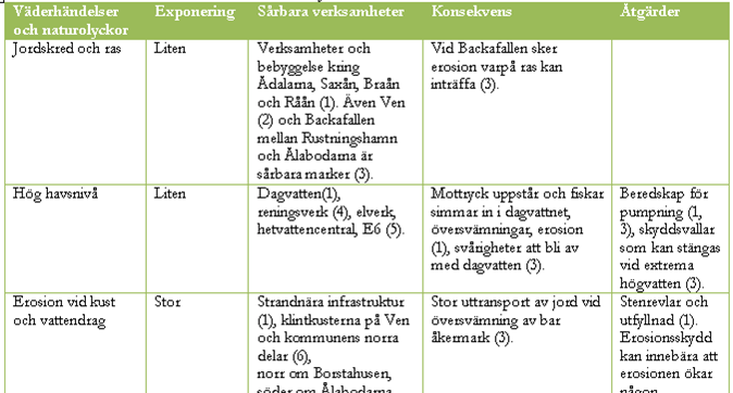 Exempel från Landskrona kommun När Landskrona kommun upprättade en bruttolista över väderhändelser och naturolyckor valde de följande