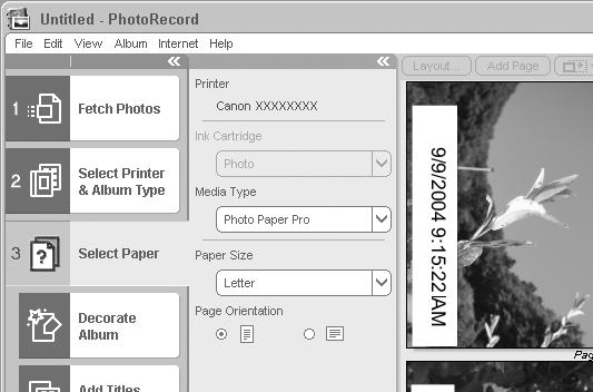 När du har valt en skrivare väljer du [One Photo Per Page/En bild per sida] eller [One Photo Per Sheet/En bild per ark] i kategorin