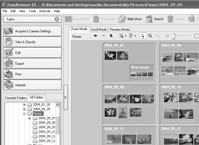 Fönstren i ZoomBrowser EX 28 Visningsläge Här väljer du vilken vy som ska användas i bläddrarområdet. [Zoom Mode/Zoomläge] Alla bilder i mappen visas som indexbilder.