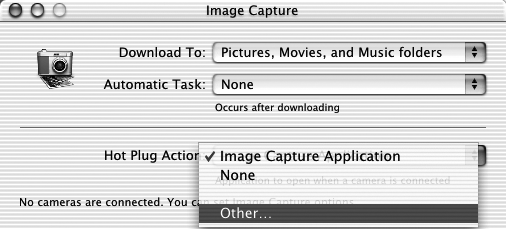Överföra bilder till en dator 52 Autostartinställningar för ImageBrowser OS X (v10.1) 1. Starta Image Capture och välj [Other/Annan] i listrutan [Hot Plug Action/ Hot Plug-åtgärd]. 2.