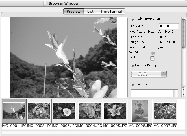 Macintosh Fönster i ImageBrowser 61 Visningsläge Här väljer du vilken vy som ska