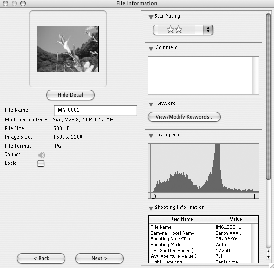 Macintosh Fönster i ImageBrowser 64 Fönstret [File Information/Filinformation] Fönstret [File Information/Filinformation] visas när du väljer en bild i bläddrarområdet, klickar på menyn [File/Fil]
