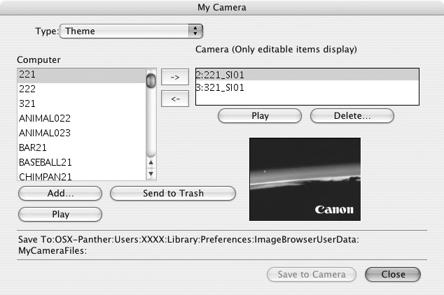 Macintosh Anpassa din kamera med hjälp av inställningar för [My Camera/Min kamera] 78 Fönstret [My Camera/Min kamera] ImageBrowser innehåller redan flera förinspelade poster som inställningar för [My