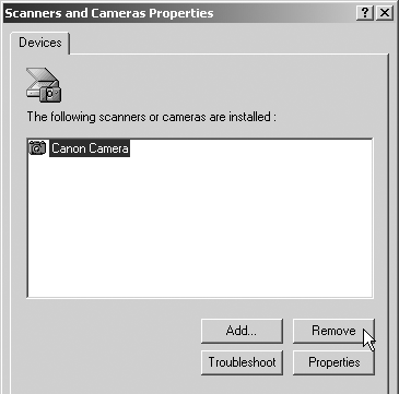 Avinstallera programvaran 85 5 Ta bort namnet på din kameramodell eller [Canon Camera/Canon-kamera] i dialogrutan [Scanners and Cameras Properties/Egenskaper för Skannrar och kameror].