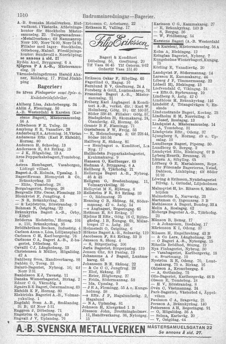 , 1510 A.-B. Svenska Metallverken. Hufvudkont. i Västerås. Afdelningskontor för Stockholm Mllstersamuelsg. 22. Telegramadress:»Metallverken_j tu Namnanrop Norr 100, Norr 7400, Norr 74'99.