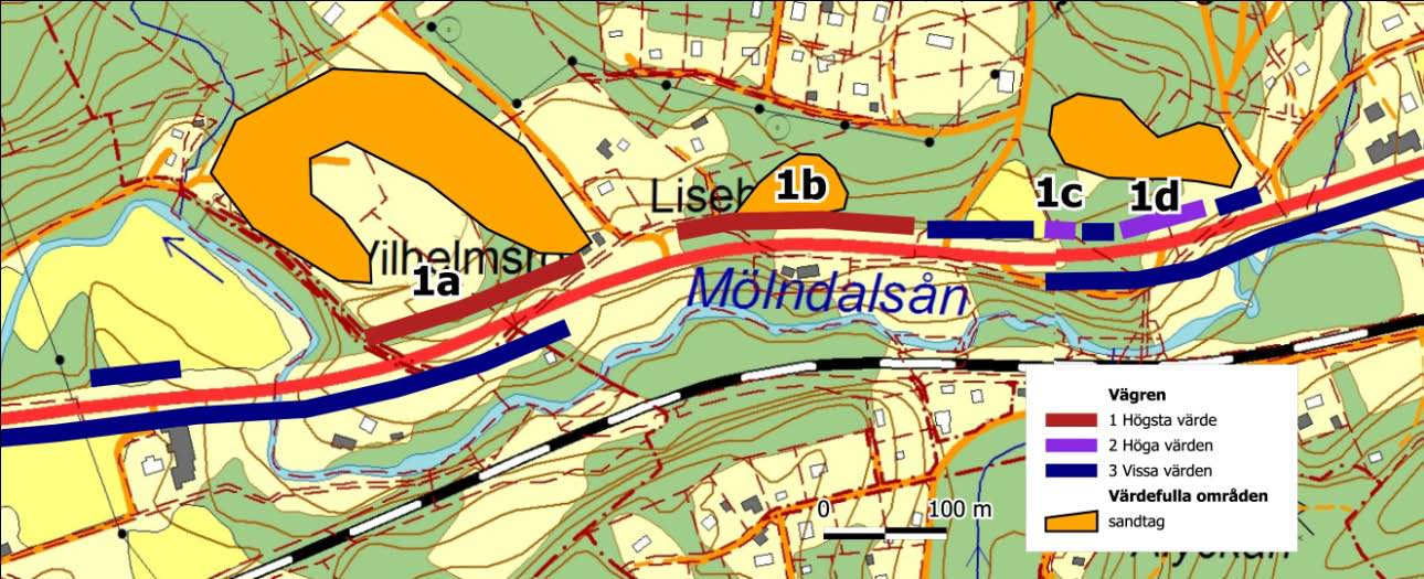 Vägren 1a En ca 190 m lång vägskärning som är vänd mot SSO. I den östra delen växer torrängsflora med blåmunkar, tjärblomster och bockrot.