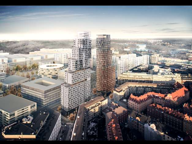 Vy från söder Arkitektonisk kvalitet Förslaget knyter an till en stockholmsk tradition med tornpar där en spänning uppstår mellan symmetrin och asymmetrin och där tornen på långt håll förefaller lika