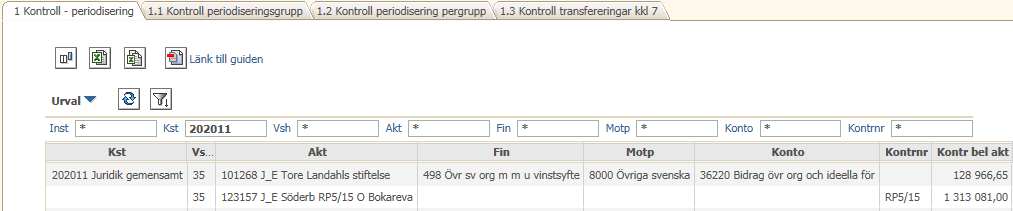 Kontroll konteringsunderlag Rapporten visar aktiviteter märkta P som saknar information i ett eller flera fält.