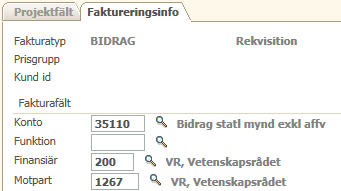 Konteringsuppgifter till aktivitet Flik 2: Faktureringsinfo Används: Periodiseringskontering Rekvisition (bidrag) Faktura (uppdrag) Konto Finansiär Motpart