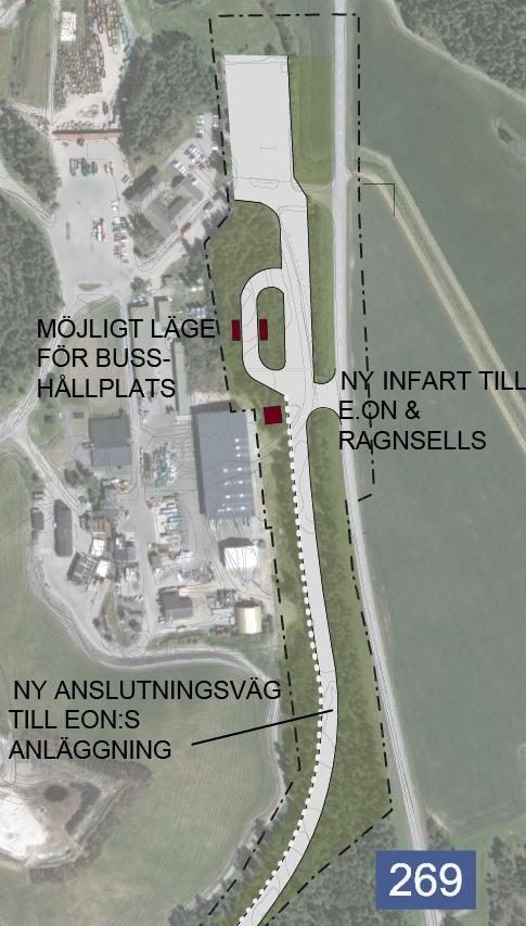 Sida 24 av 28 Hållplatsläge för buss är möjligt i höjd med den nya infarten från väg 269, där det finns möjlighet att vända med buss.