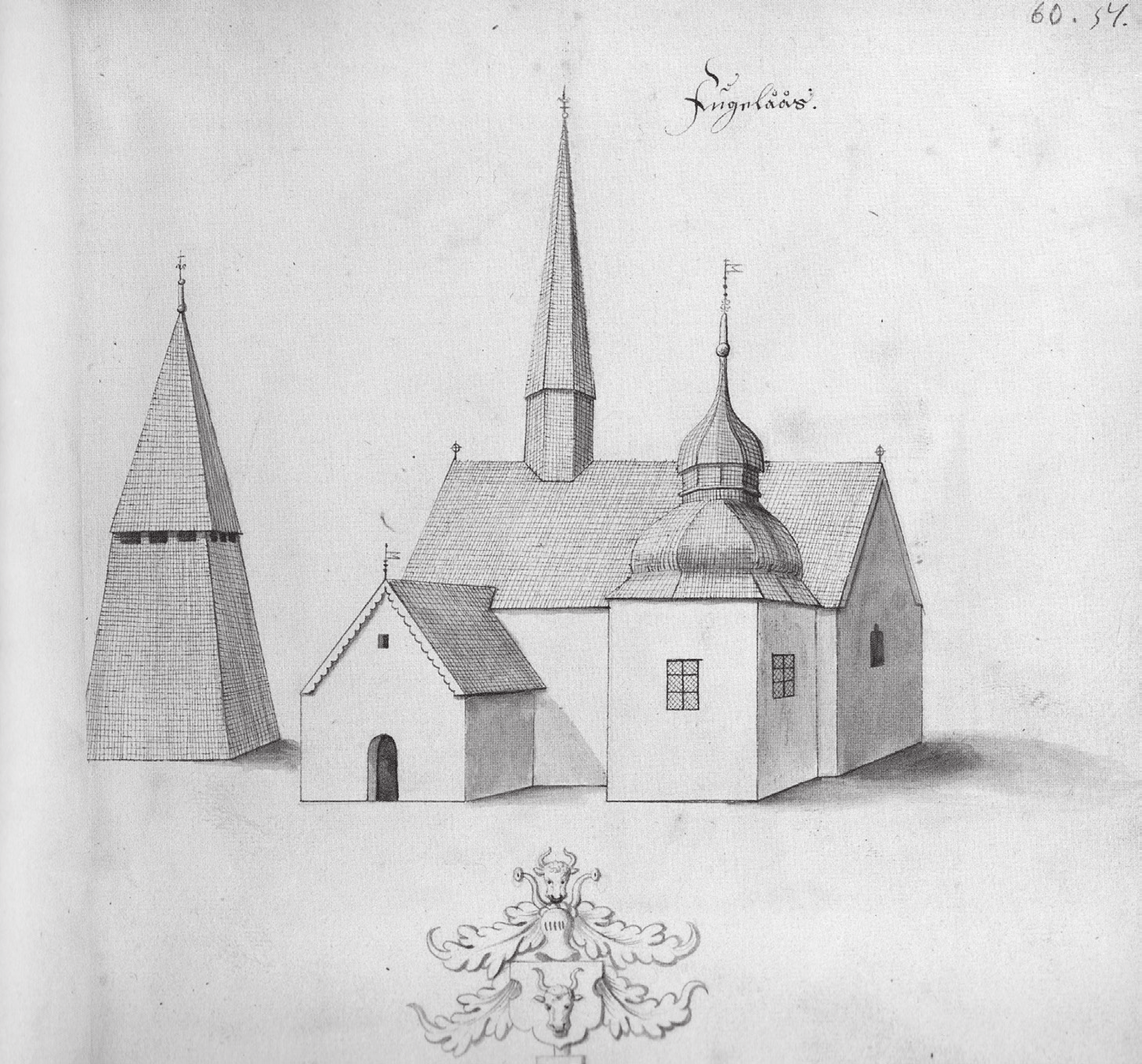 Den äldsta bilden av det märkliga klocktornet är Johan Peringskiölds (1654-1720) teckning från 1680.