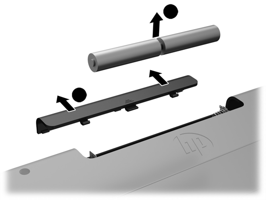 Ta bort batterierna ur det trådlösa tangentbordet genom att ta bort batteriluckan på tangentbordets undersida (1) och lyft ut batterierna ur batterifacket (2).